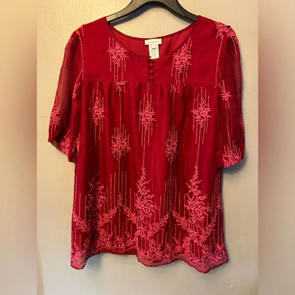 Sundance shirt - red/pink embroidered tunic top with sheer overlay 100% cupro - Picture 1 of 9
